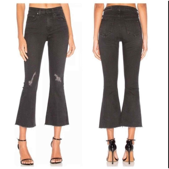 RAG & BONE 10" crop flare raw hem distressed jean in wash black thorne | size 24 - Picture 1 of 9